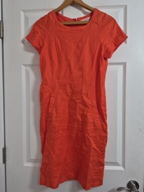 Women’s Orange Midi Dress - Classic Short Sleeve 100% Linen